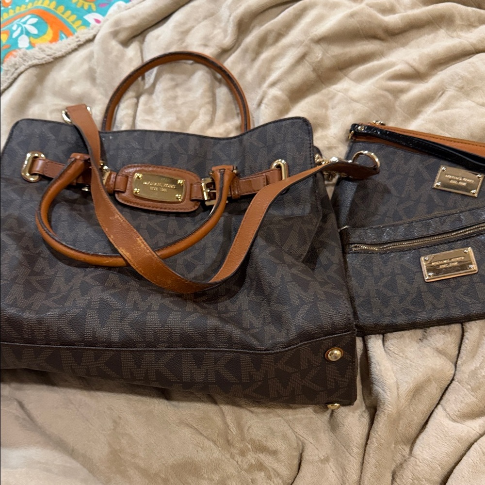 Michael Kors Brown & Tan MK Logo Satchel with Matching Pouch